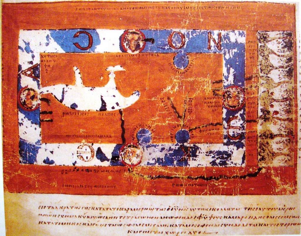 •Cosmas Indicopleustes’ “Christian Topography”, around 540 AD, from a 9th century manuscript called Vaticanus Graecus 699 (0.23 x 0.32 m). (Wikipedia)