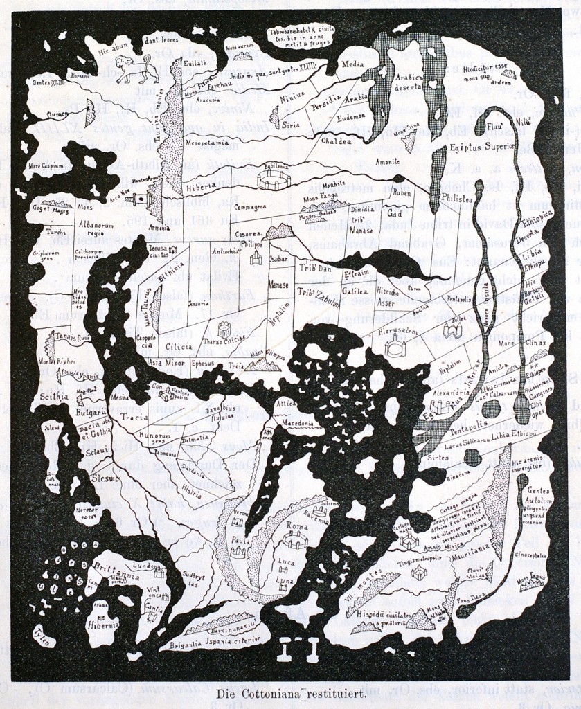 •Cottoniana, from Priscian‘s periegesis, around 1000 AD, found by Sir Robert Cotton in 1598, and restored by Miller in 1895 (0.21 x 0.18 m). (http://swanrad.ch/mappae-mundi-from-the-edition-of-konrad-miller/)