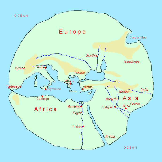 Typical world-map of around 500 BC, based on Hecataeus of Miletus telling about his travels around the world (periegesis or periplus). (http://www.livius.org/concept/the-edges-of-the-earth-1/the-edges-of-the-earth-2/ )