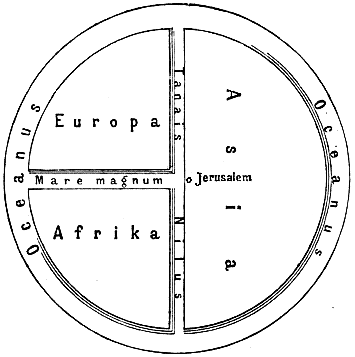 The map is oriented with the North upside. The ‘T’ is the Mediterranean, the Nile and the Don (formerly called the Tanais) dividing the three continents, Asia, Europe and Africa, and the ‘O’ is the encircling ocean. Jerusalem (or Delphi, or Rhodes) was generally represented in the centre of the map (Wikipedia).