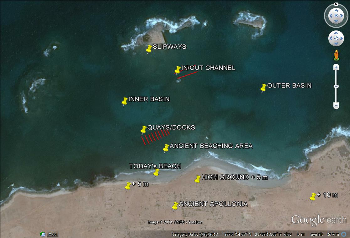 Google Earth 2013 picture with sketch by Misson, 2014, showing location of 'quays' and possible beaching area for ships.